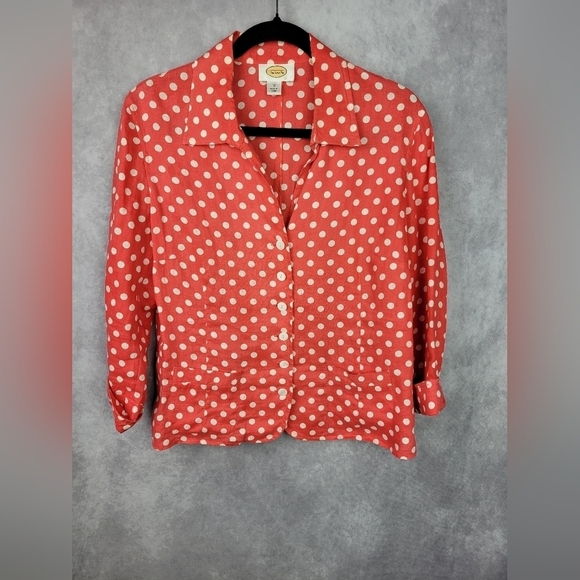 Talbots Retro Red and White Polka Dot Linen Button Down Blouse Linen Blazer 12 - Picture 2 of 8